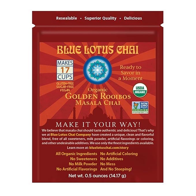 Blue Lotus Chai - Golden Rooibos Flavor Masala Chai - Makes 17 Cups - 0.5 Ounce Masala Spiced Chai