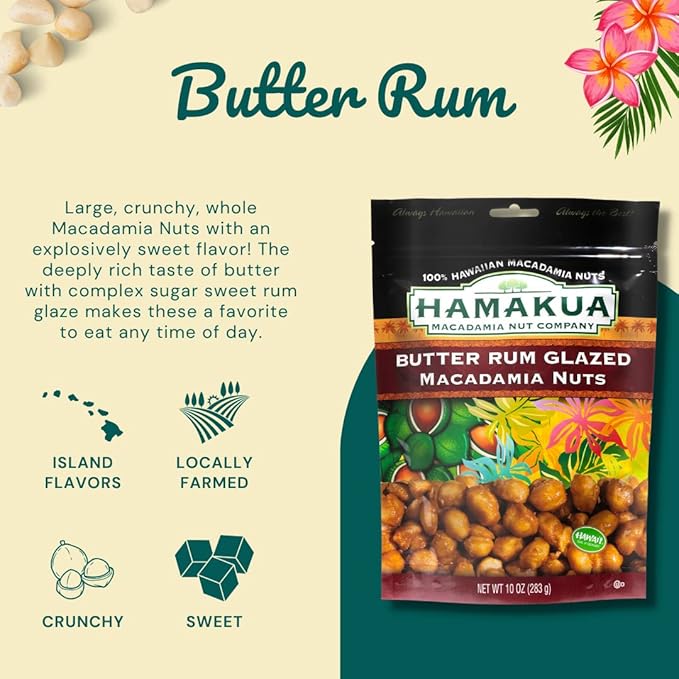 Hamakua Macadamia Nuts - Sweet Glazed Butter Rum - Hawaiian Grown Flavored Dry Roasted Half and