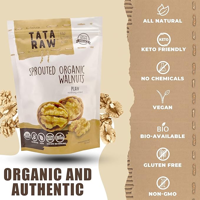 TATA RAW - Sprouted Organic Walnuts - PLAIN. Nothing added -1 lb. Soaked & Air dried SUPER QUALITY.