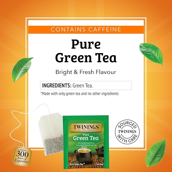 Twinings Pure Green Tea Individually Wrapped Bags, 25 Count (Pack of 6), Smooth Flavour, Enticing