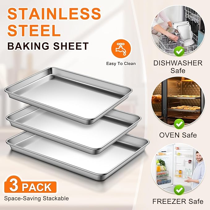 Baking Sheet Set of 3, Commercial Grade Stainless Steel Cookie Sheets for Baking, 12/16/17.5 Inch
