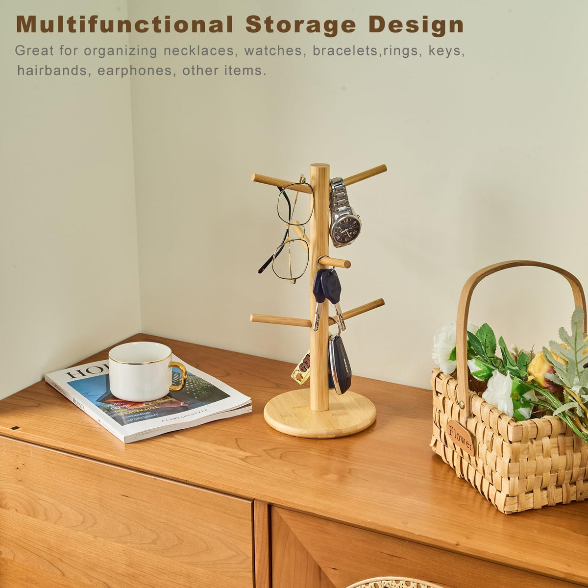 Kelduemi Bamboo Mug Tree for Counter, 6 Hooks Detachable Coffee Mug Holder, Decorative Mug Racks