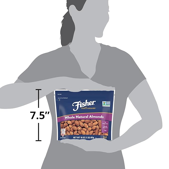 Fisher Chef's Naturals Unsalted Whole Almonds 16oz Resealable Bag, Raw Nuts Perfect for Cooking