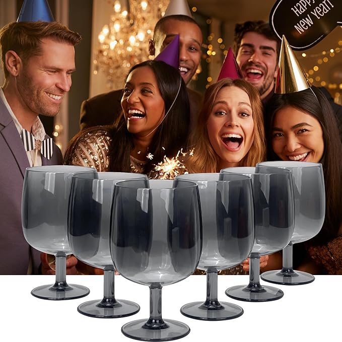 Yalin Set of 6 Unbreakable 12 oz Acrylic Plastic Wine and Water Tumbler Stackable Goblets. (Gray