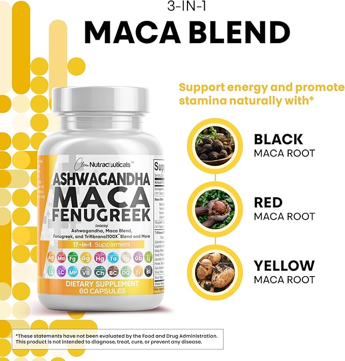 Clean Nutraceuticals Ashwagandha Maca Root Fenugreek Supplement with Tongkat Ali Ginseng - Assists