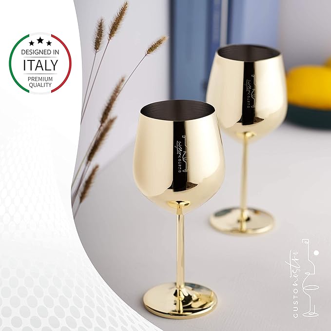 Gusto Nostro Stainless Steel Wine Glass - 18 oz Unbreakable Gold Wine Glasses for Travel, Camping
