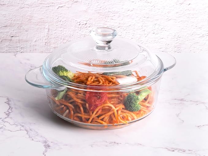 Clear Round Glass Casserole with Lid, Baking Dish with Glass Cover, Glass Casserole for Oven