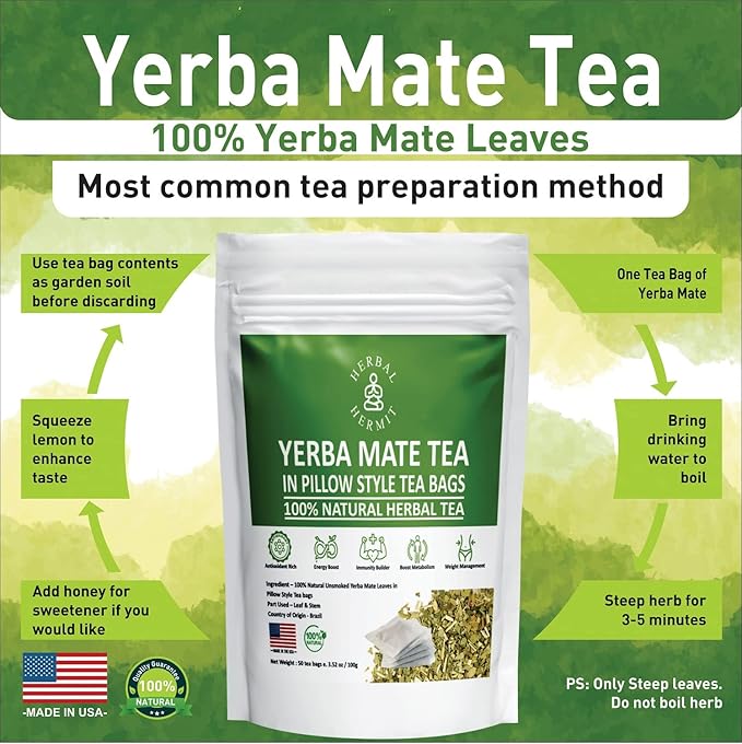 Herbal Hermit Yerba Mate herbal-teas with 50 tea bags Natural Yerba Matte Rich in Chlorophyll, Made