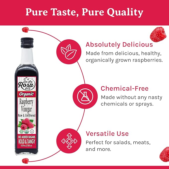 De La Rosa Raspberry Vinegar Organic, Raw & Unfiltered Pure Vinegar, Vegan, Gluten Free & Kosher