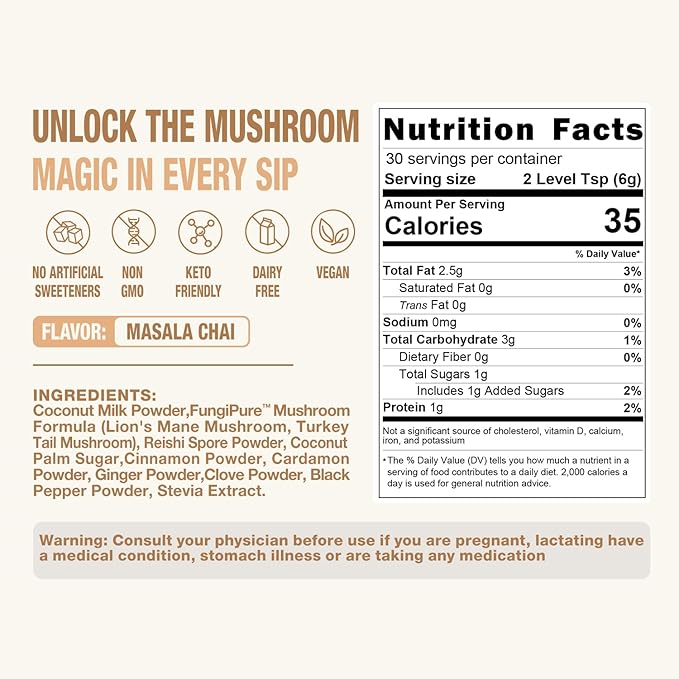 Chai Tea Latte with Mushrooms - 30 Servings, 30% Beta-Glucans - Lion's Mane, Reishi Spore, Turkey