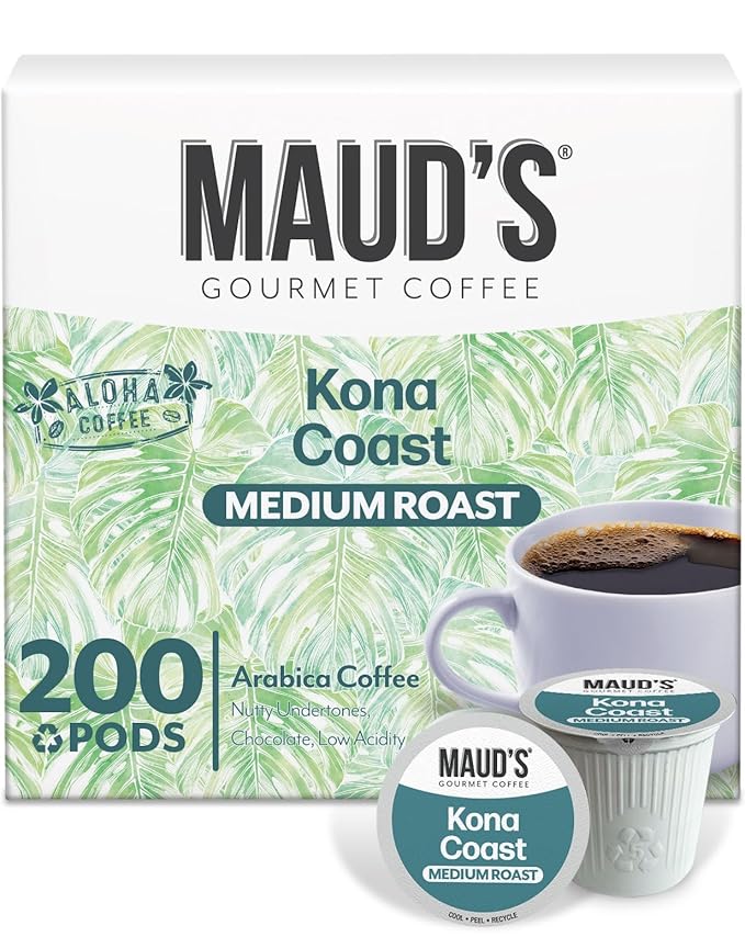 Maud's Kona Coffee Pods, 200 ct, Medium Roast Coffee in Recyclable Single Serve Pods – 100% Arabica