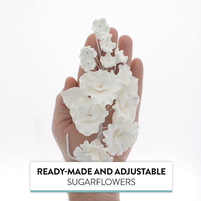 Sugar Blossom Cake Spray – Gumpaste Flowers for Cake Decorating – White Cherry Blossoms with Green