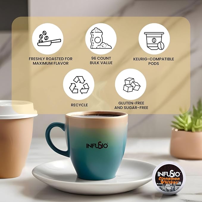 InfuSio Coffee Pods 96 Count Cinnamon Whiskey Flavored Medium Roast Single serve Coffee pods for