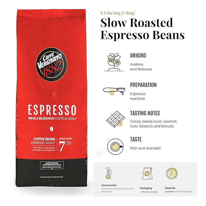 Caffe Vergnano 1882 Espresso Whole Bean Arabica Roast Coffee, 2.2 lb bag - Italian Medium Roast
