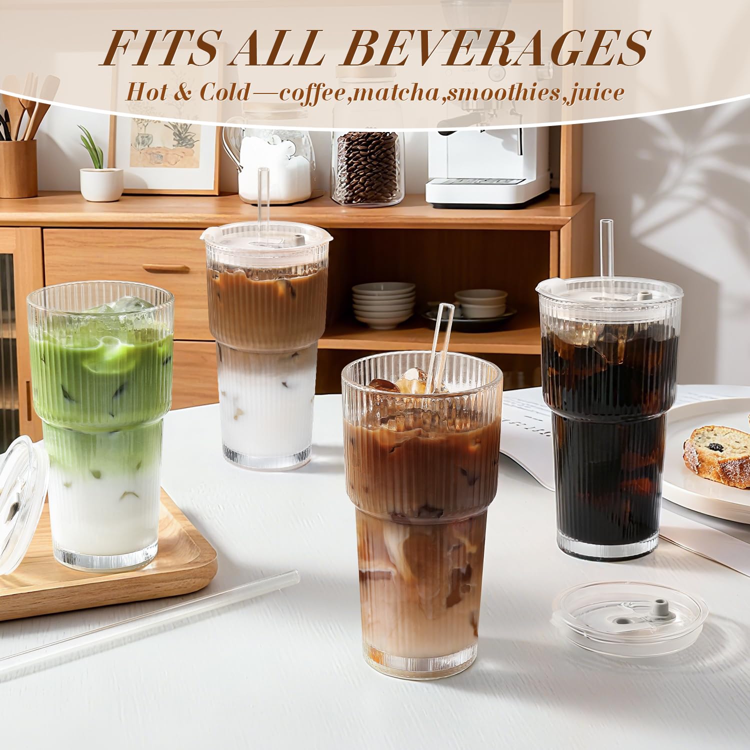 Iced Coffee Cups with Lids: Coffee Bar Accessories - Ribbed Glass Tumbler with Straw and Lid 4Pcs