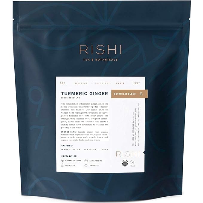 Rishi Tea Turmeric Ginger Herbal Tea - Organic Loose Leaf, Caffeine Free Ayurvedic Digestive Blend