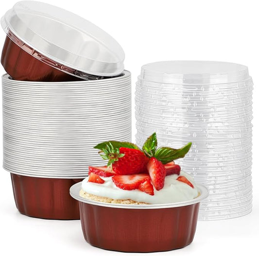 Beasea Disposable Ramekins for Baking, 8oz 50 Pack Aluminum Foil Cups with Lids, Creme Brulee
