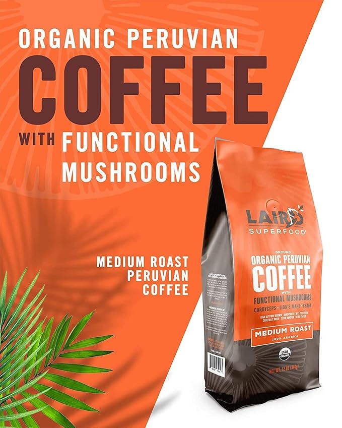 Laird Superfood Peruvian Medium Roast Coffee with Functional Mushrooms, Certified Organic Peruvian