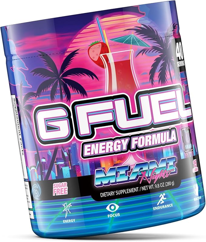 G Fuel Miami Nights Energy Drink Powder, Pre Workout Caffeine Mix for Gaming, Sugar Free Focus