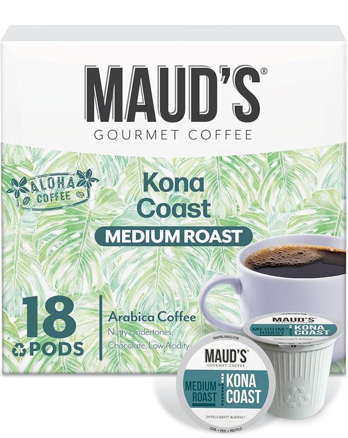 Maud's Kona Coffee Pods, 18 ct, Medium Roast Coffee in Recyclable Single Serve Pods – 100% Arabica