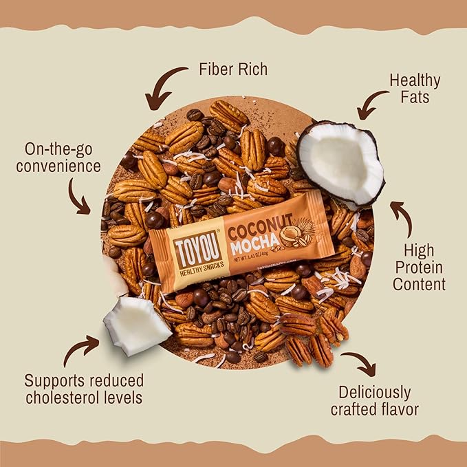 ToYou Chewy Fruit and Nut Bars - Healthy Protein Snacks | Coconut Mocha - 1.41 Ounce (Pack of 12) |