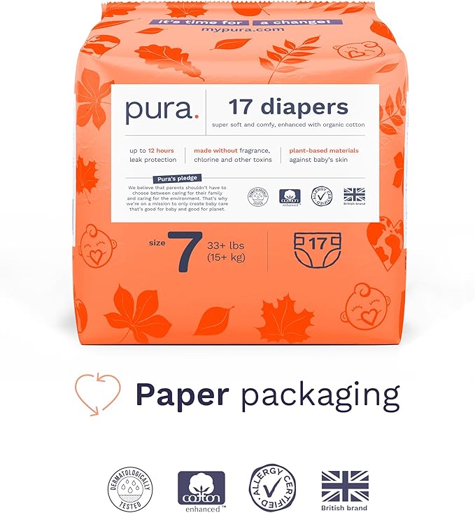Pura Size 7 Eco-Friendly Diapers (33+lbs) Totally Chlorine Free (TCF) Hypoallergenic, Soft Organic
