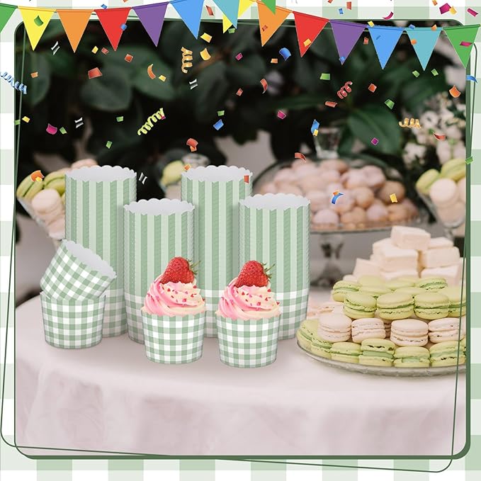 Vesici 150 Pcs Sage Green Gingham Ice Cream Cups 5oz Dessert Paper Bowls Gingham Scalloped Cupcake