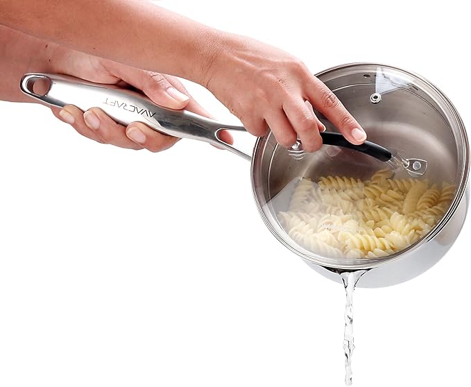 AVACRAFT Stainless Steel Saucepan with Glass Strainer Lid, Two Side Spouts for Easy Pour with
