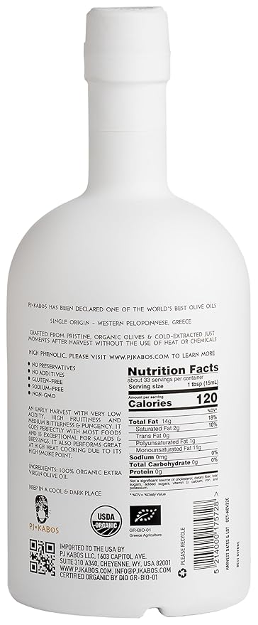 P.J. KABOS 2025 Gold Award Winner, High Phenolic (500+ mg/kg), USDA Organic Greek Extra Virgin