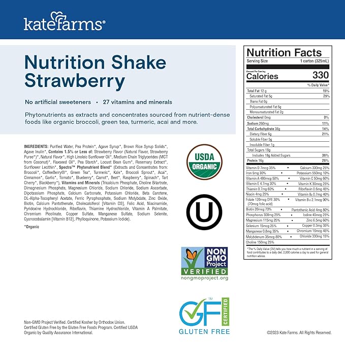Kate Farms Organic Nutrition Shake, Strawberry, 16g Protein, 27 Vitamins and Minerals, Meal