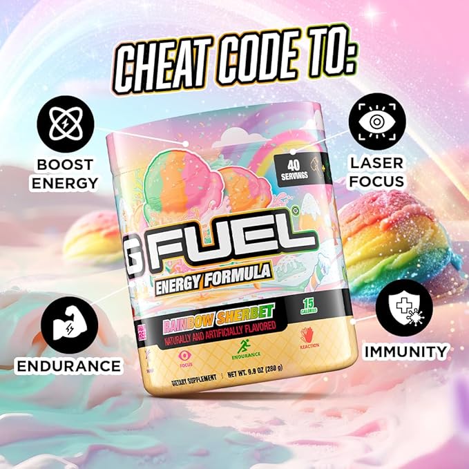 G Fuel Rainbow Sherbet Energy Drink Powder, Pre Workout Caffeine Mix for Gaming, Sugar Free Focus