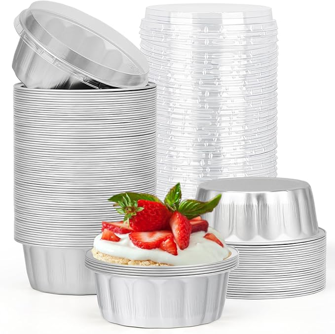 Beasea Ramekins with Lids, 8oz 100 Pack Disposable Aluminum Cups for Baking, Silver Aluminum Foil