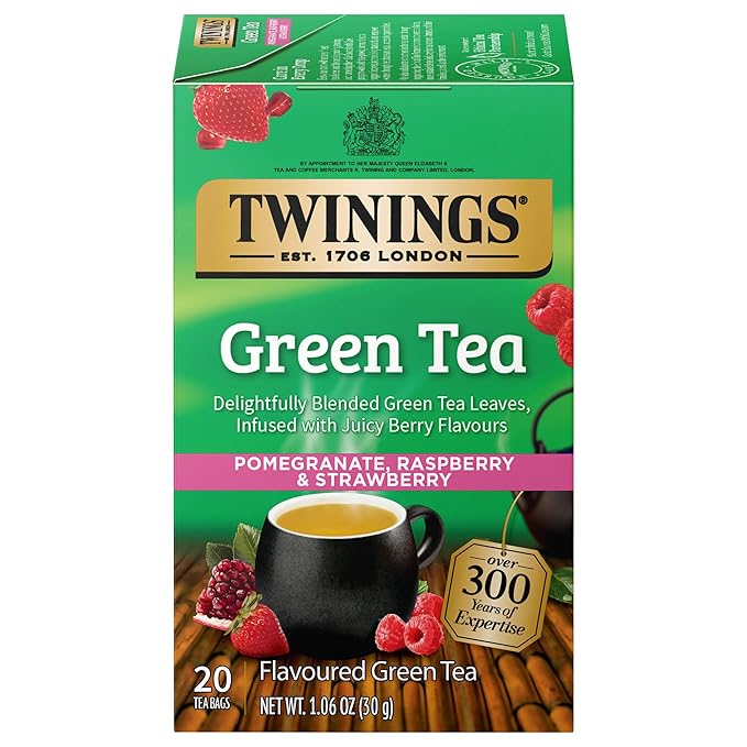 Twinings Green Tea with Pomegranate, Raspberry, & Strawberry Individually Wrapped Bags, 20 Count
