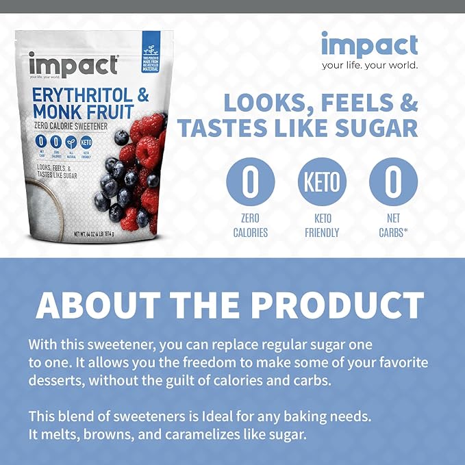 Impact White Monk Fruit & Erythritol Sweetener Blend - Gluten Free, Zero Calories, Net Carbs, Keto