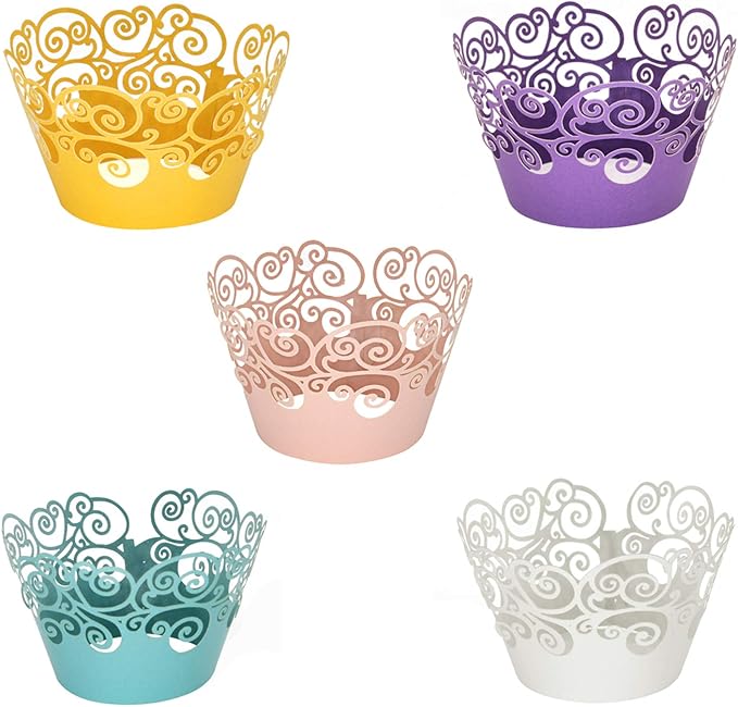 KPOSIYA Cupcake Wrappers 100 Pack Cupcake Wraps in 5 Colors Filigree Artistic Bake Cake Paper Cup