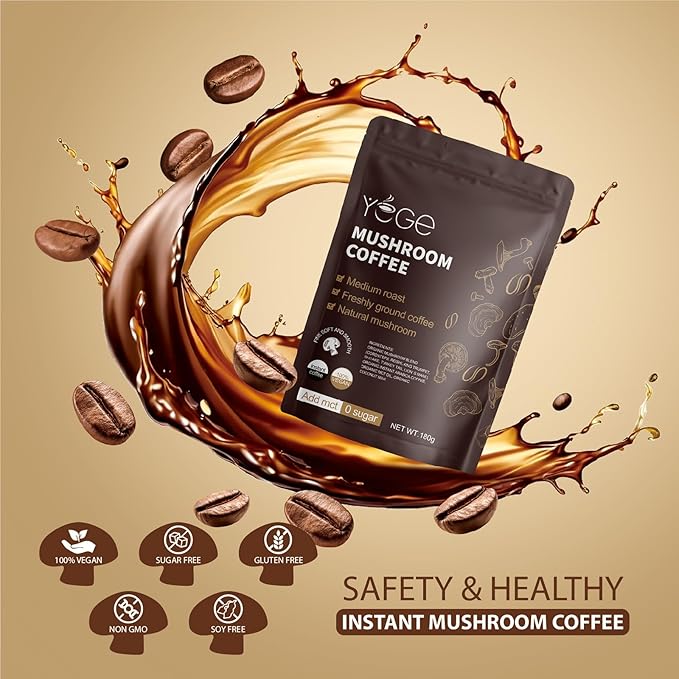 Mushroom Coffee, Instant Organic Mushroom Coffee with Cordyceps, Reish, King Trumpet, Shitake