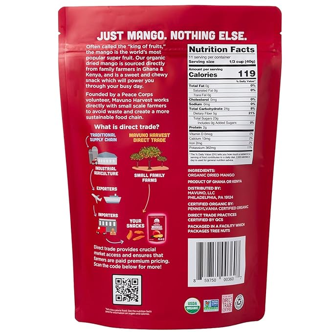 Mavuno Harvest Mango Dried Fruit Snacks | Unsweetened Organic Dried Mango Slices | Gluten Free