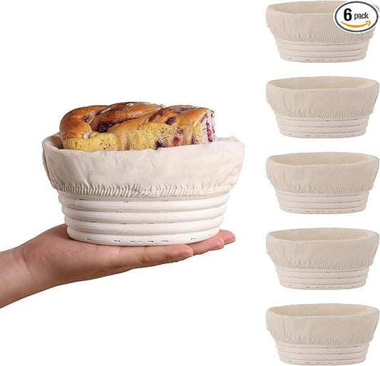 (6.7x4.7x3in) Mini Banneton Bread Proofing Basket Set of 6, Oval Sourdough Bread Basket with Liner