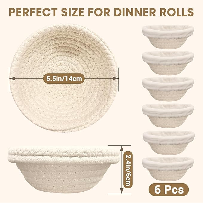 Mini Bread Dough Proofing Basket (5.5'', Set of 6), Natural Cotton Rope Mini Banneton Basket &