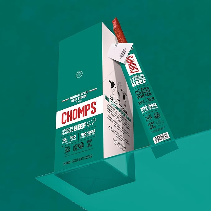 CHOMPS Grass Fed Italian Style Beef Jerky Snack Sticks, Keto, Whole30, Paleo, Gluten Free, Sugar