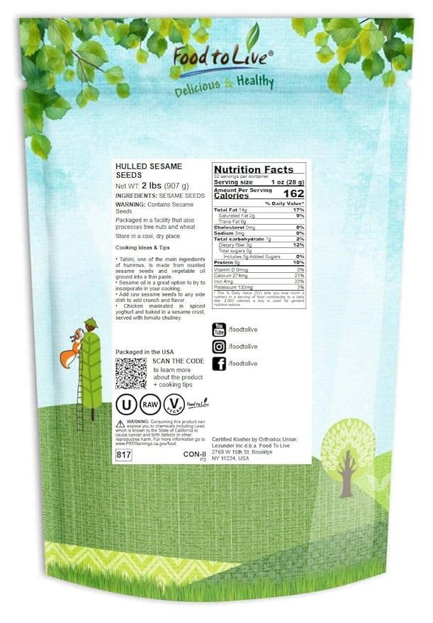 Hulled Sesame Seeds, 2 Pounds — Non-GMO Verified, Whole Raw White Sesame Seeds, Kosher and Vegan