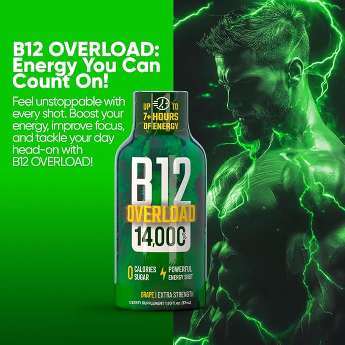 B12 Overload Extra Strength Energy Shot ??Grape ??260mg Caffeine, 14000% B12, Electrolytes ??Energy