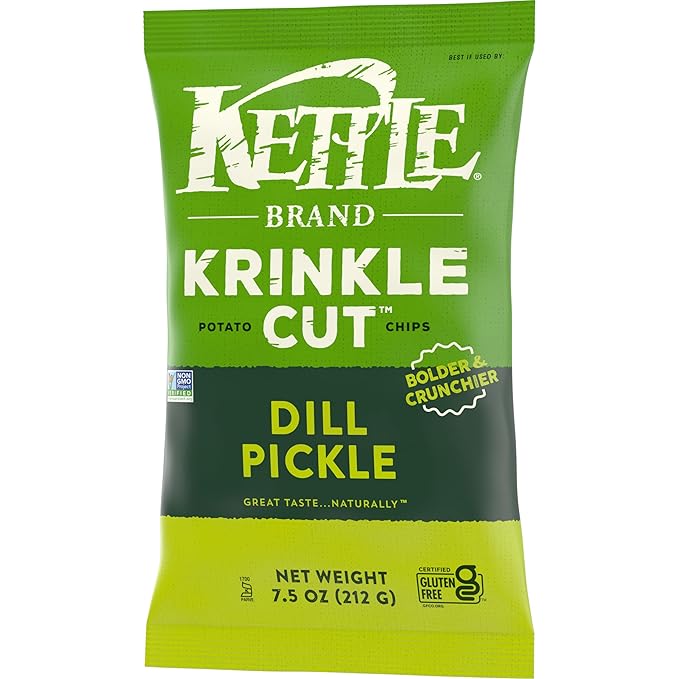 Kettle Brand Potato Chips, Krinkle Cut, Dill Pickle Kettle Chips, 7.5 Oz (Pack of 12)