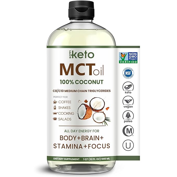 Keppi MCT Oil - From 100% Coconuts - Flavorless C8 and C10, Non-GMO, Certified Gluten-Free, Palm