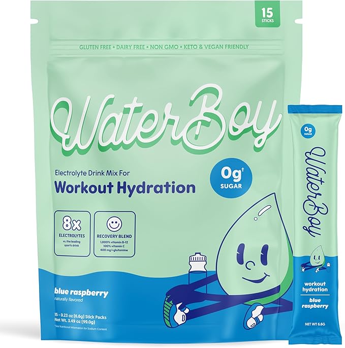 Waterboy Workout Hydration | 2,960mg Sugar Free Electrolyte Powder Packets | L-Glutamine + Vitamins