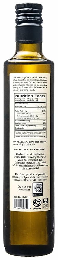 Sola Stella Extra Virgin Olive Oil - Cold Pressed Gourmet EVOO Olive Oil - Uniquely Smooth &