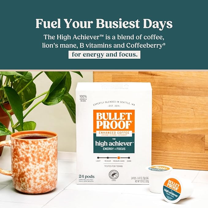Bulletproof The High Achiever Single-Serve Pods, 24 Count, Medium-Dark Roast Enhanced Coffee with