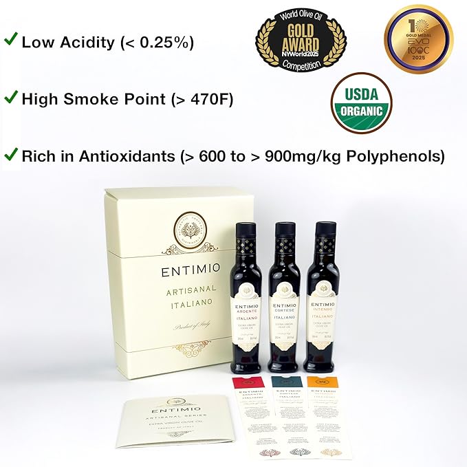 Entimio Collection +600 to +900 mg/kg Organic Extra Virgin Olive Oil Set, New 2024-2025 Early