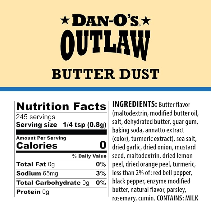 Dan-O's Outlaws Butter Dust Seasoning, 6.9 oz Bottle, Buttery All Purpose Seasoning for Chicken