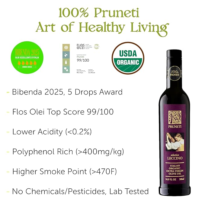 Pruneti - Leccino Medium, Organic New 2024-2025 Early Harvest Italian Olive Oil Extra Virgin from